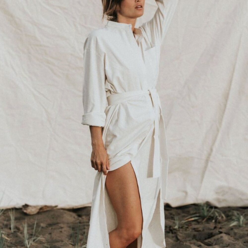 BAHHGOOSE Inge Button up Raw Silk fiber maxi dress in Ivory